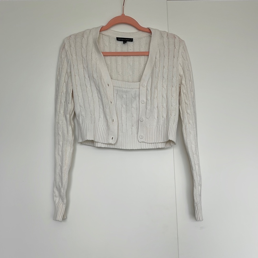 White Cable Knit Cropped Cardigan Set